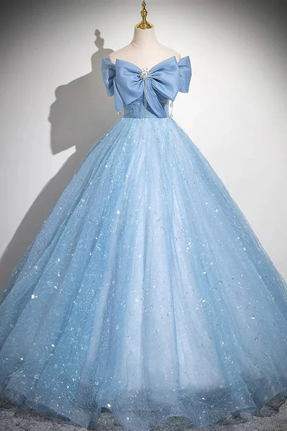 Light Blue A-Line Off Shoulder Tulle Sequins Long Prom Dress Evening Dress ED01792