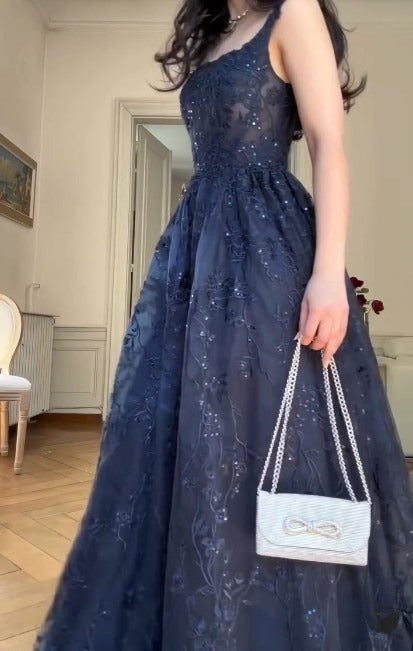 Elegant Navy Blue A-Line Spaghetti Straps Tulle Embroidery Applique Long Prom Dress Evening Dress ED01797