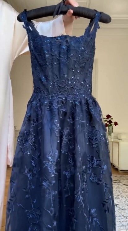 Elegant Navy Blue A-Line Spaghetti Straps Tulle Embroidery Applique Long Prom Dress Evening Dress ED01797
