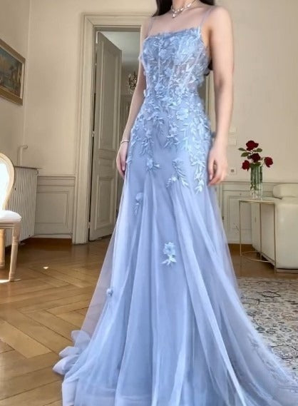 Elegant Blue Tulle A-Line Spaghetti Strap Appliqué Long Prom Dress Evening Dress ED01799