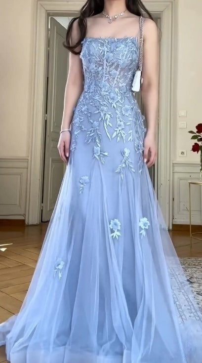 Elegant Blue Tulle A-Line Spaghetti Strap Appliqué Long Prom Dress Evening Dress ED01799