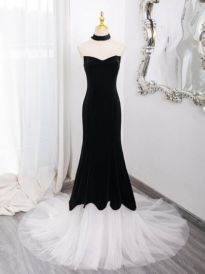 Mermaid Tulle Velvet Black Long Prom Dress, Mermaid Long Formal Dress ED018