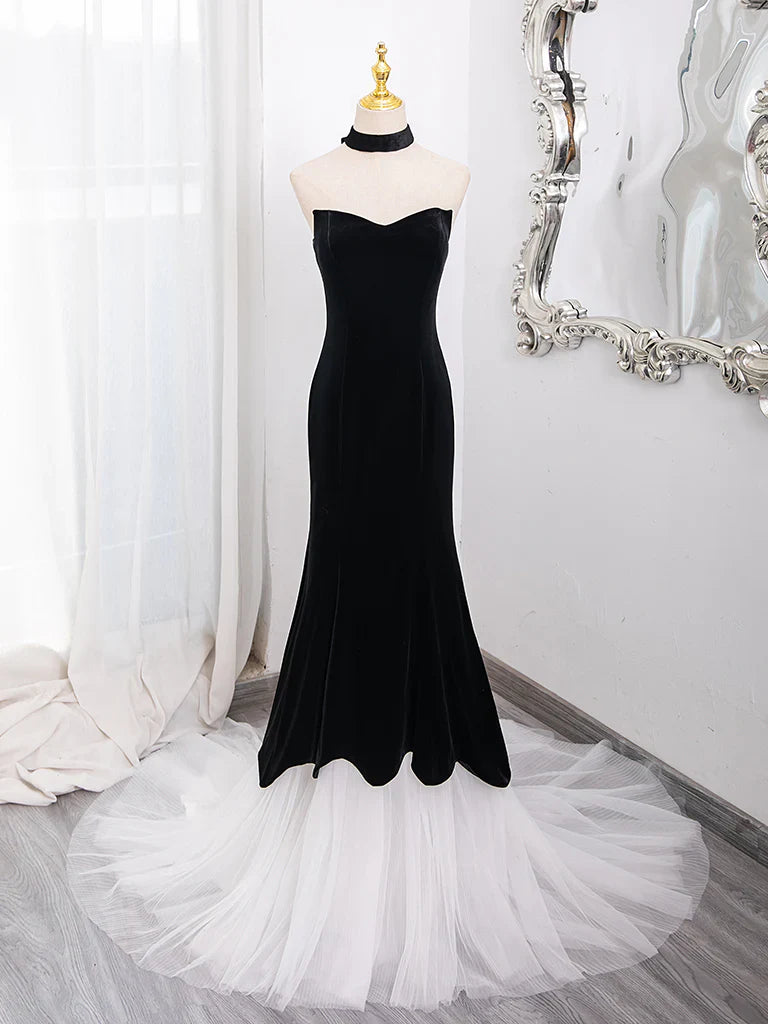 Mermaid Tulle Velvet Black Long Prom Dress, Mermaid Long Formal Dress ED018