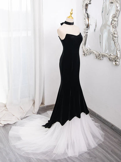 Mermaid Tulle Velvet Black Long Prom Dress, Mermaid Long Formal Dress ED018