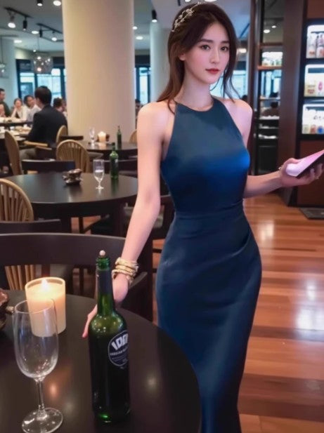 Off-white satin halter neck dress birthday engagement dress ED01802