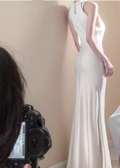 Off-white satin halter neck dress birthday engagement dress ED01802