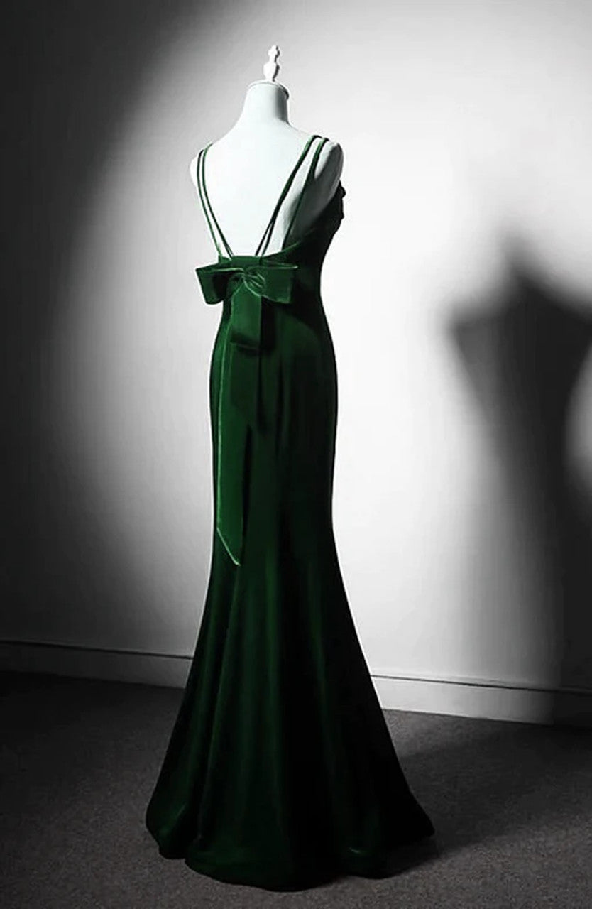 Dark Green Vintage Mermaid Velvet Spaghetti Straps Long Prom Dress ED01803