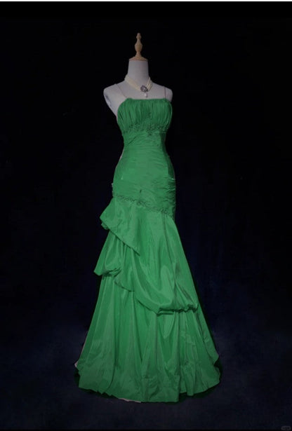 Sweet Spaghetti Straps Mermaid Evening Dress🩷 Pink Satin Layered Pleated Prom Dress with Beading ED01805