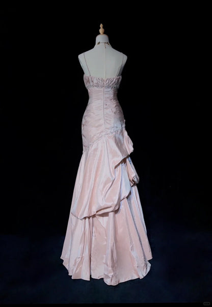 Sweet Spaghetti Straps Mermaid Evening Dress🩷 Pink Satin Layered Pleated Prom Dress with Beading ED01805