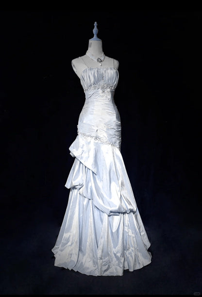 Sweet Spaghetti Straps Mermaid Evening Dress🩷 Pink Satin Layered Pleated Prom Dress with Beading ED01805