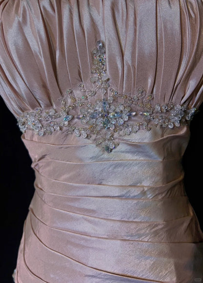 Sweet Spaghetti Straps Mermaid Evening Dress🩷 Pink Satin Layered Pleated Prom Dress with Beading ED01805