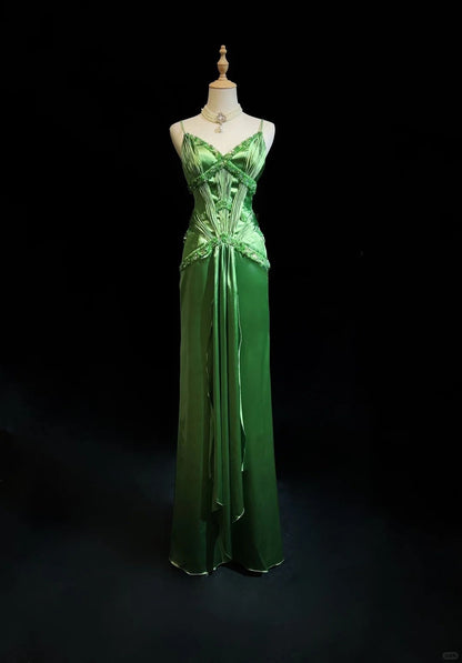 Green Spaghetti Strap Sheath Satin Beaded Prom Dress Evening Gown ED01808