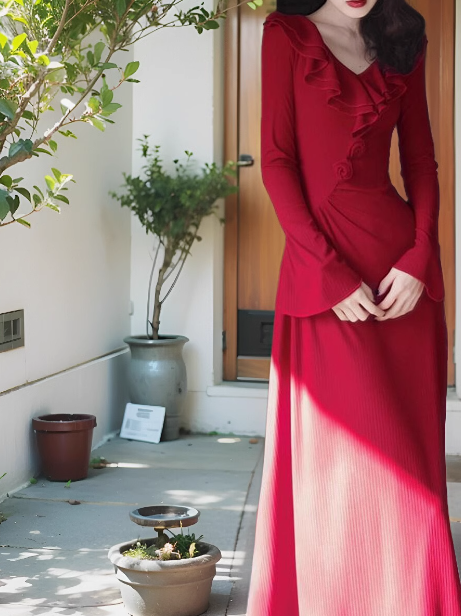 French retro red ruffled niche design slim long skirt ED0180