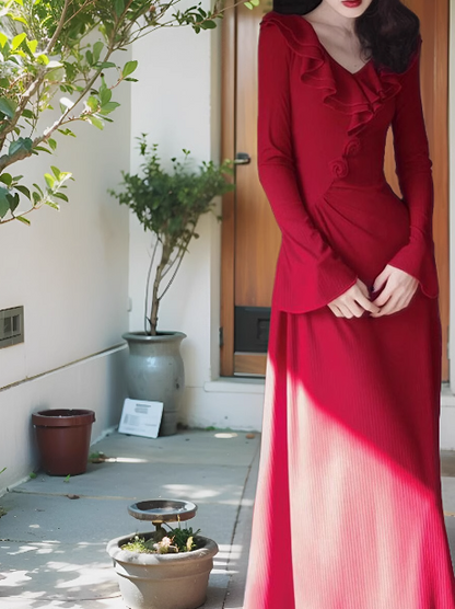 French retro red ruffled niche design slim long skirt ED0180