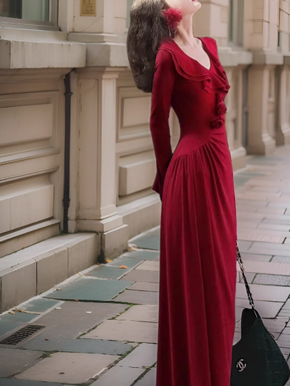 French retro red ruffled niche design slim long skirt ED0180
