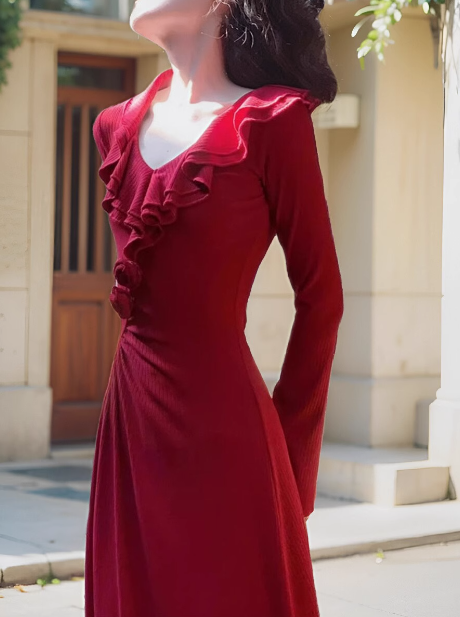 French retro red ruffled niche design slim long skirt ED0180