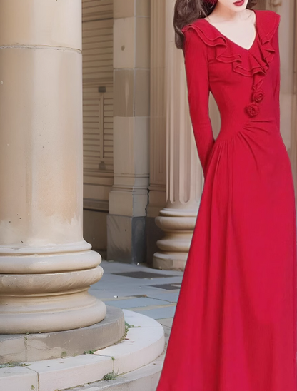 French retro red ruffled niche design slim long skirt ED0180