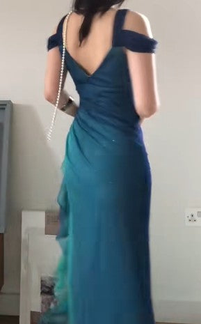 Glitter Blue Sweetheart Neck Bodycon Dress Ruffled Party Dress Spaghetti Strap Evening Dress ED01813