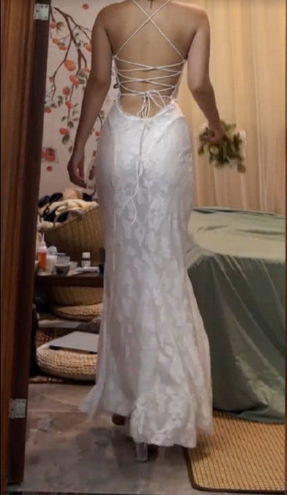 White Elegant Spaghetti Strap Mermaid Long Prom Dress Simple Wedding Party Dress ED01814