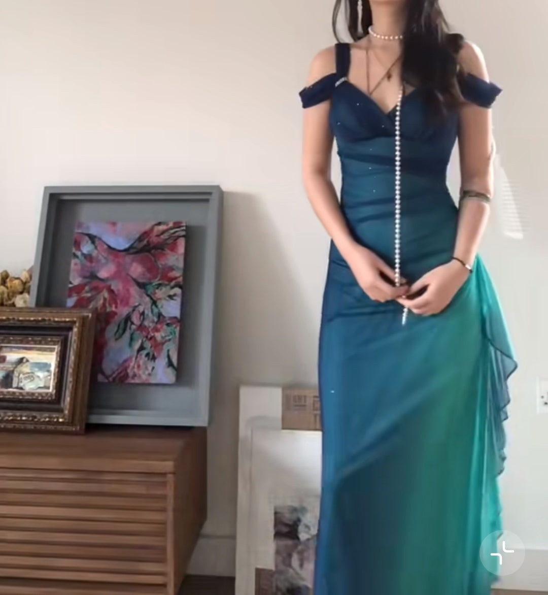 Glitter Blue Sweetheart Neck Bodycon Dress Ruffled Party Dress Spaghetti Strap Evening Dress ED01813