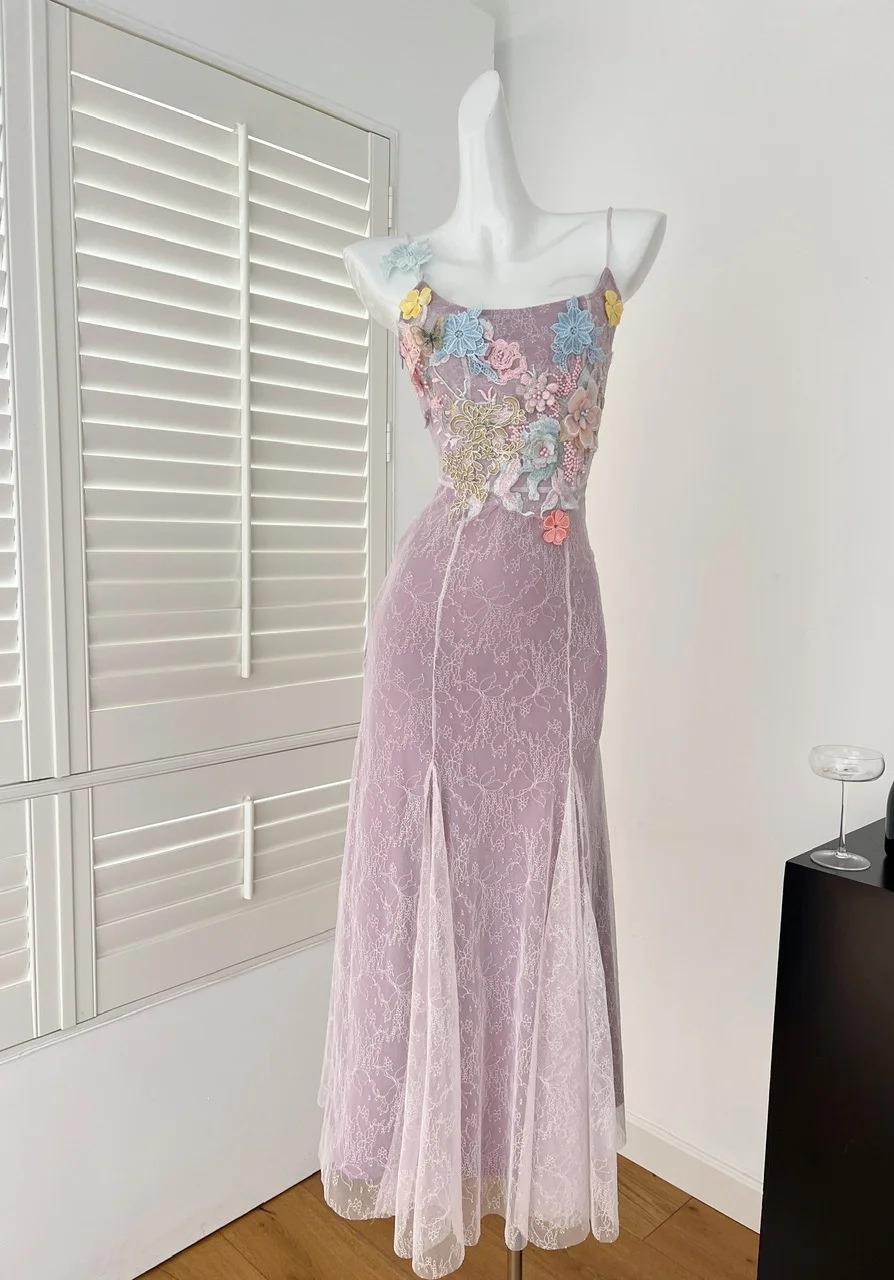 Purple Sweet Lace Applique Spaghetti Strap Mermaid Sleeveless Long Birthday Prom Dress Adult Ceremony Graduation Prom Dress ED01817