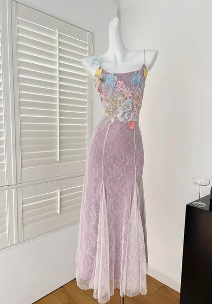 Purple Sweet Lace Applique Spaghetti Strap Mermaid Sleeveless Long Birthday Prom Dress Adult Ceremony Graduation Prom Dress ED01817