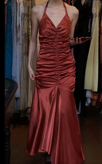 Rust Red Vintage Halter Mermaid Satin Long Backless Prom Dress Sleeveless Party Dress ED01818