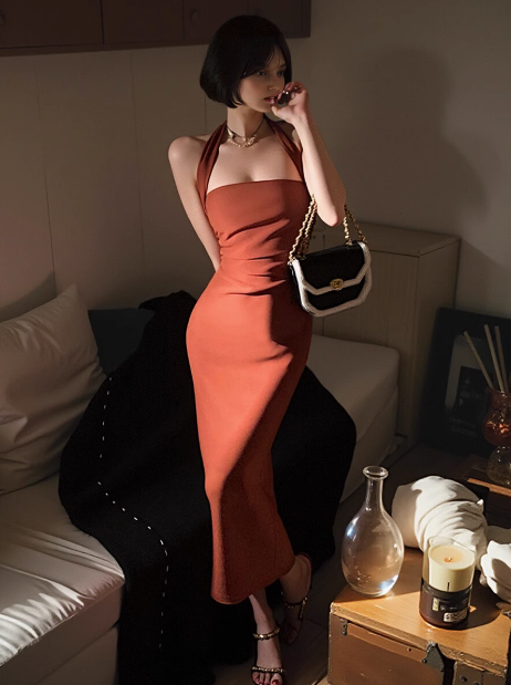 French style backless halter neck dress ED0181