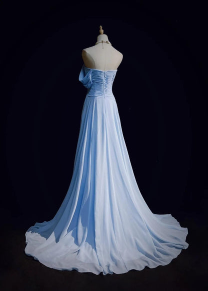 Gorgeous Blue A-line Chiffon Pleated One Shoulder Slit Long Evening Gown Ball Gown Wedding Dress ED01820