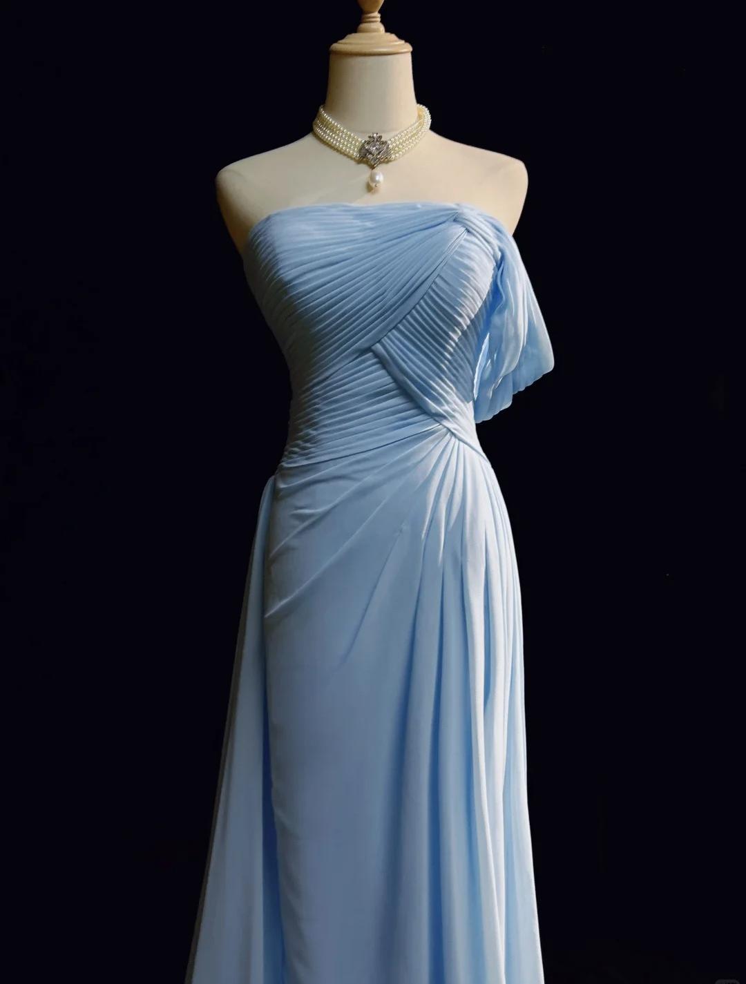 Gorgeous Blue A-line Chiffon Pleated One Shoulder Slit Long Evening Gown Ball Gown Wedding Dress ED01820