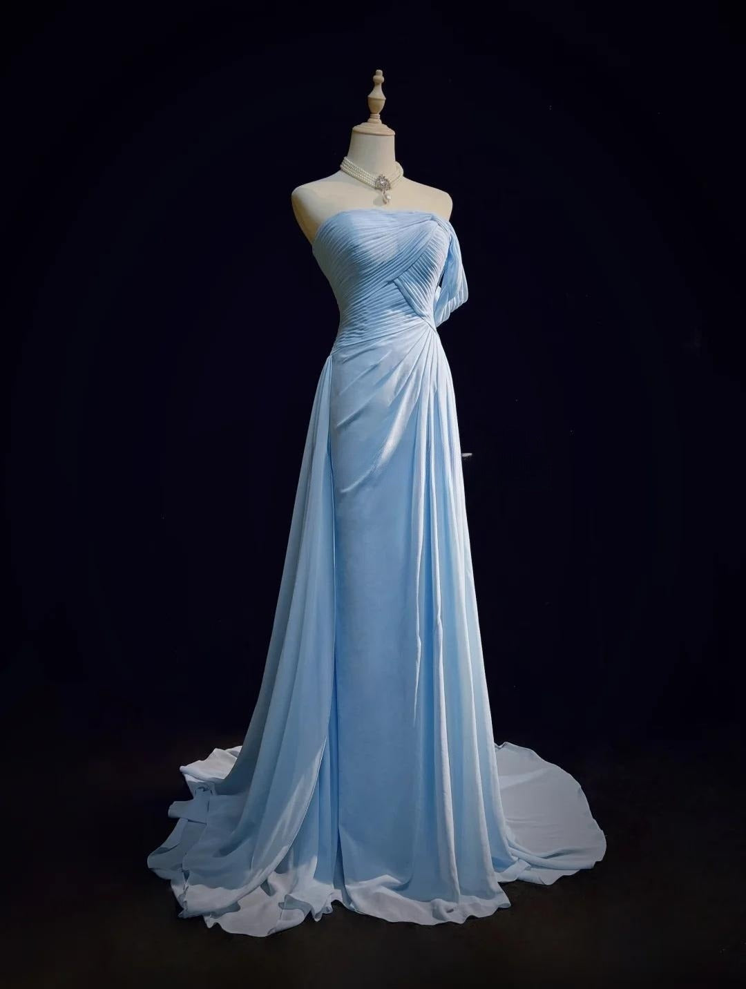 Gorgeous Blue A-line Chiffon Pleated One Shoulder Slit Long Evening Gown Ball Gown Wedding Dress ED01820