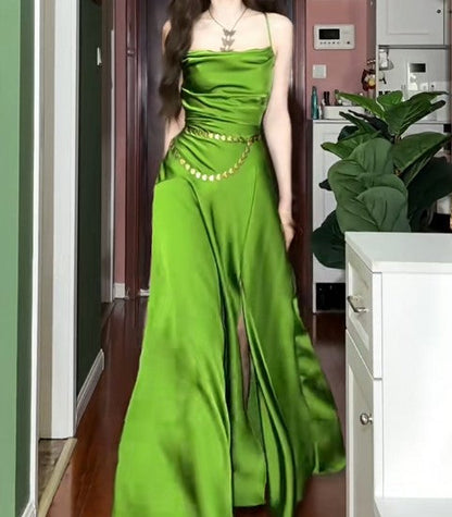 Elegant Green Spaghetti Strap Slit Satin Long Sleeveless Prom Dress Party Pong Evening Dress ED01821