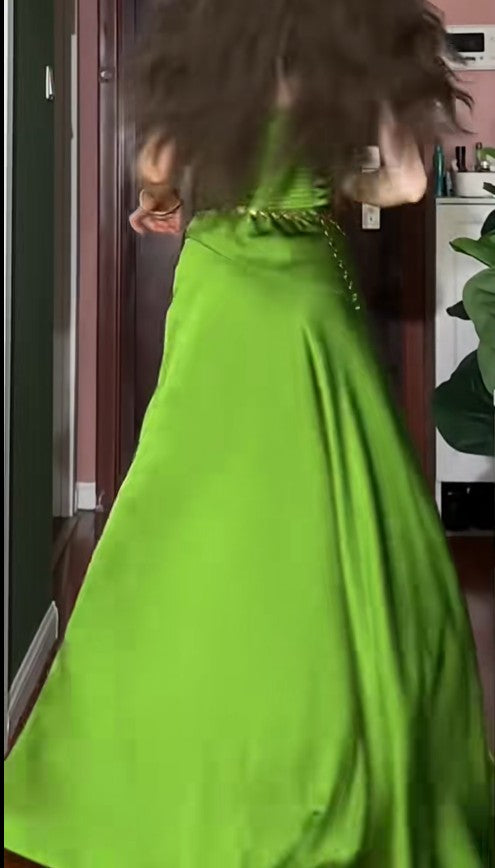 Elegant Green Spaghetti Strap Slit Satin Long Sleeveless Prom Dress Party Pong Evening Dress ED01821