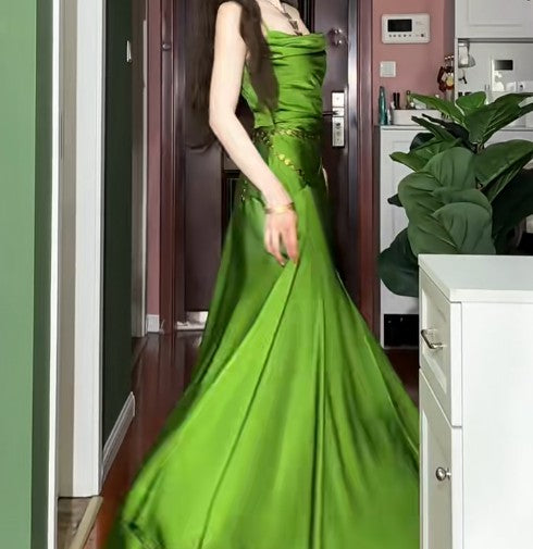 Elegant Green Spaghetti Strap Slit Satin Long Sleeveless Prom Dress Party Pong Evening Dress ED01821