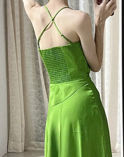 Elegant Green Spaghetti Strap Slit Satin Long Sleeveless Prom Dress Party Pong Evening Dress ED01821