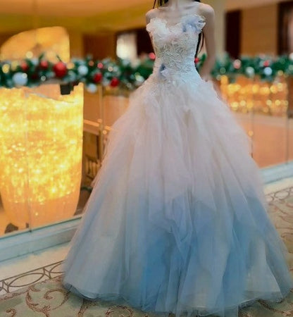 Gradient Color Strapless Tulle A-Line Long Birthday Ball Dress Beautiful Wedding Dress ED01822
