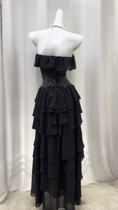 Elegant Black Strapless A-Line Layered Chiffon Long Prom Dress Graduation Prom Dress ED01823
