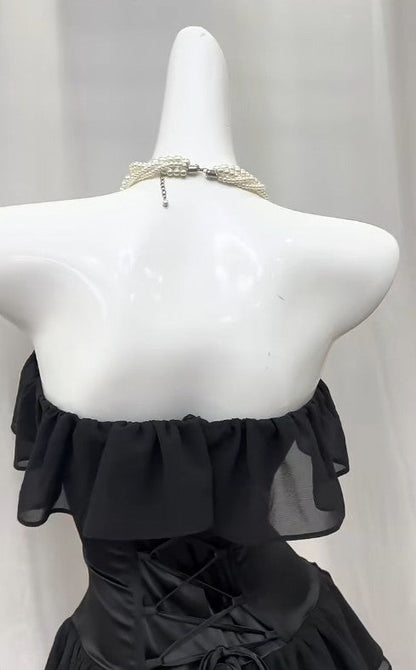 Elegant Black Strapless A-Line Layered Chiffon Long Prom Dress Graduation Prom Dress ED01823