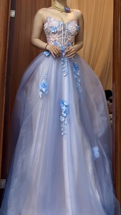 Backless A-Line Spaghetti Strap Tulle Applique Long Prom Dress Sweet Evening Dress ED01824