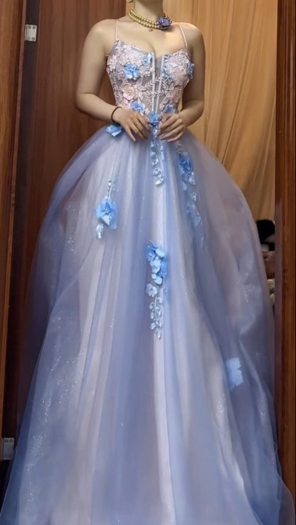 Backless A-Line Spaghetti Strap Tulle Applique Long Prom Dress Sweet Evening Dress ED01824