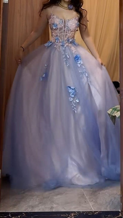 Backless A-Line Spaghetti Strap Tulle Applique Long Prom Dress Sweet Evening Dress ED01824