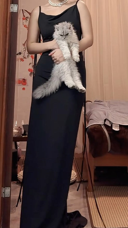 Black Sexy Chiffon Sheath Backless Long Prom Dress Spaghetti Strap Party Dress ED01825