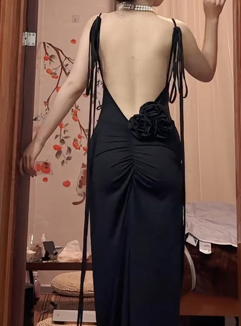 Black Sexy Chiffon Sheath Backless Long Prom Dress Spaghetti Strap Party Dress ED01825