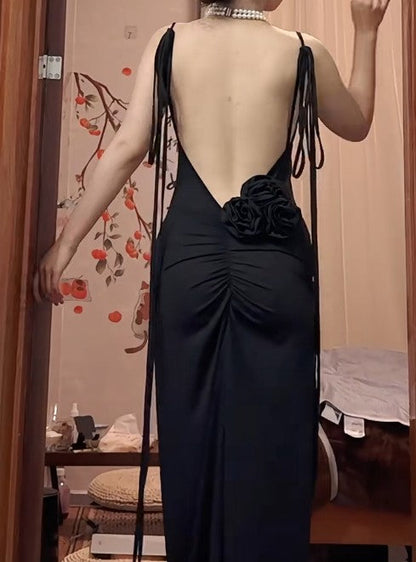 Black Sexy Chiffon Sheath Backless Long Prom Dress Spaghetti Strap Party Dress ED01825