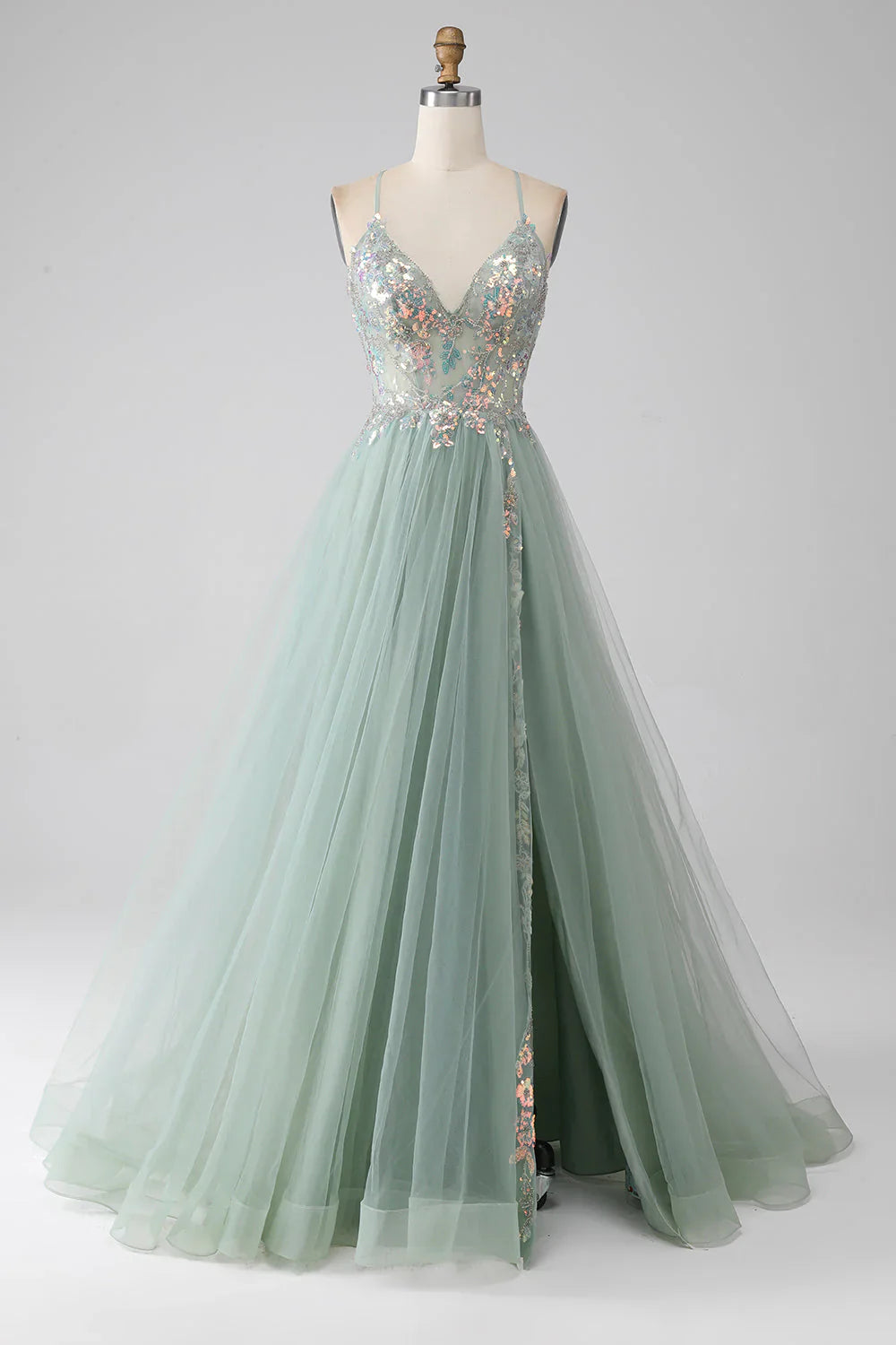 Sweet Green A-Line Tulle Strapless Sequined Long Prom Dresses for Birthday Backless Evening Gowns ED01826