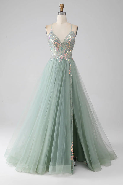Sweet Green A-Line Tulle Strapless Sequined Long Prom Dresses for Birthday Backless Evening Gowns ED01826