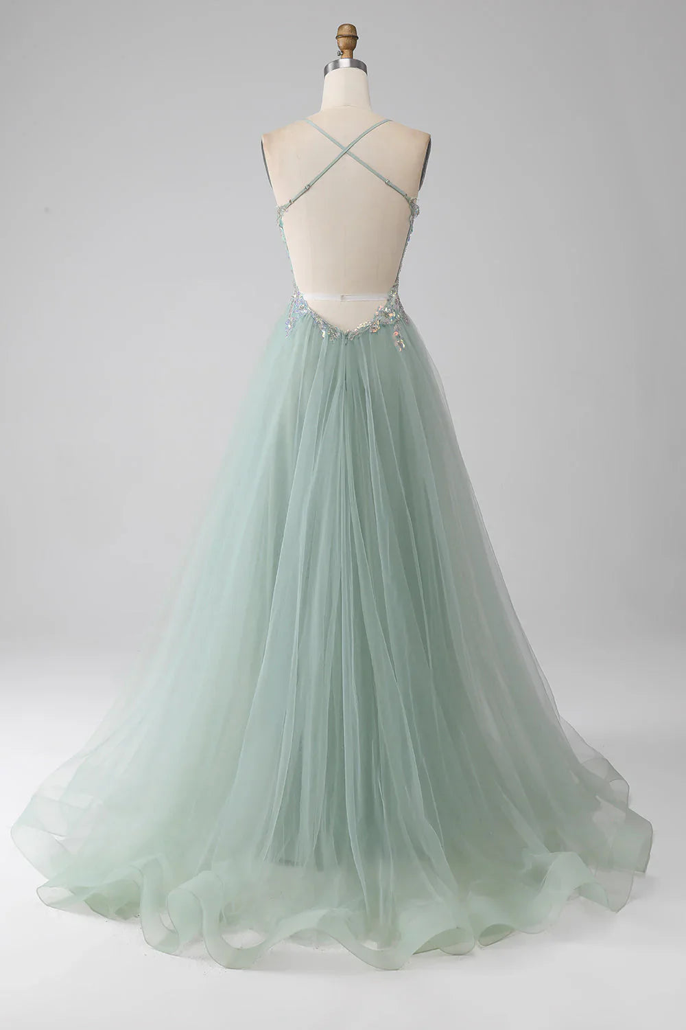 Sweet Green A-Line Tulle Strapless Sequined Long Prom Dresses for Birthday Backless Evening Gowns ED01826