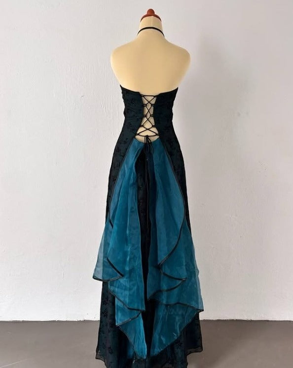 Vintage Strapless Blue Satin Sleeveless Black Tulle Beaded Ball Dress Birthday Evening Dress ED01828