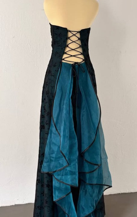 Vintage Strapless Blue Satin Sleeveless Black Tulle Beaded Ball Dress Birthday Evening Dress ED01828