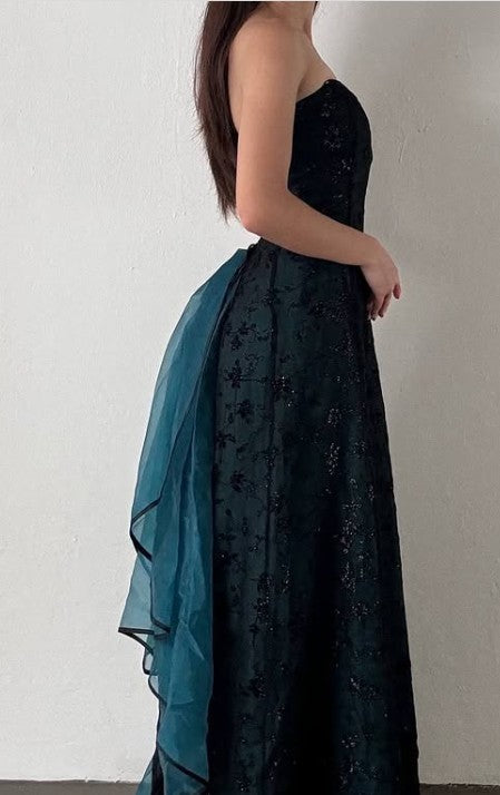 Vintage Strapless Blue Satin Sleeveless Black Tulle Beaded Ball Dress Birthday Evening Dress ED01828